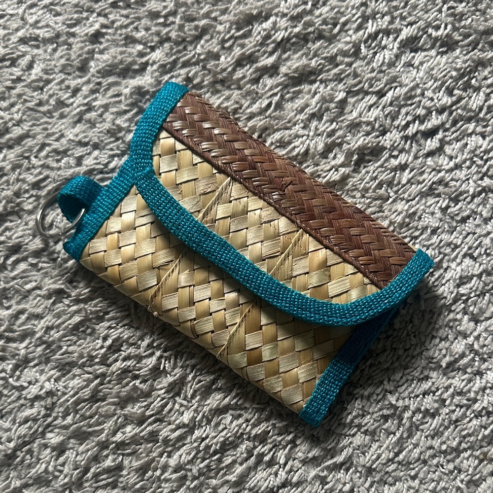 Authentic Woven Straw Card Wallet with Teal Trim